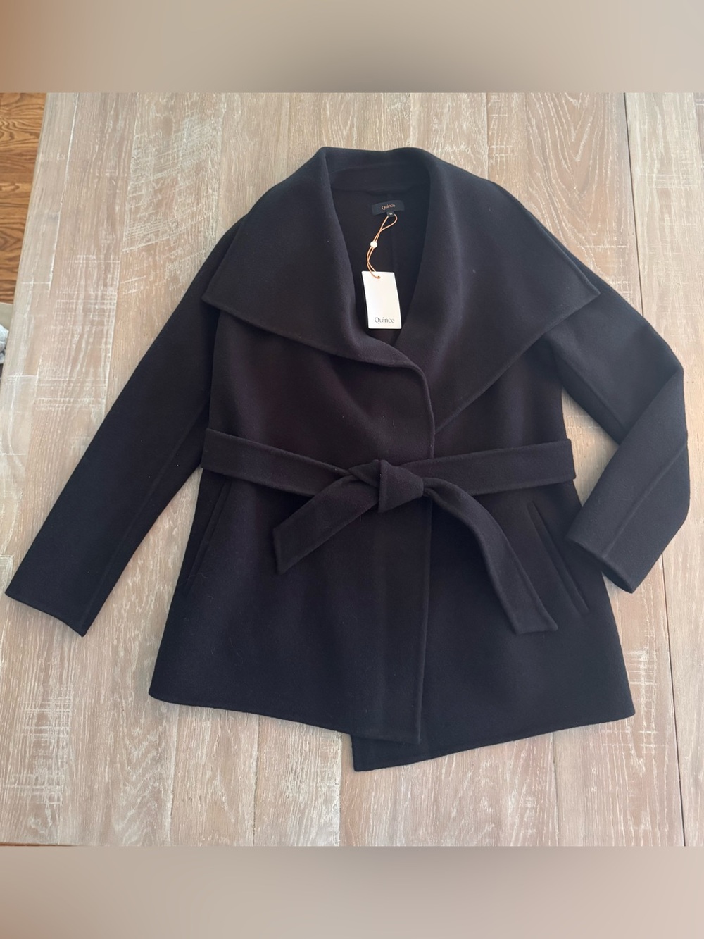 NWT Medium Quince Short Double-Faced Merino Wool Wrap Coat in Black